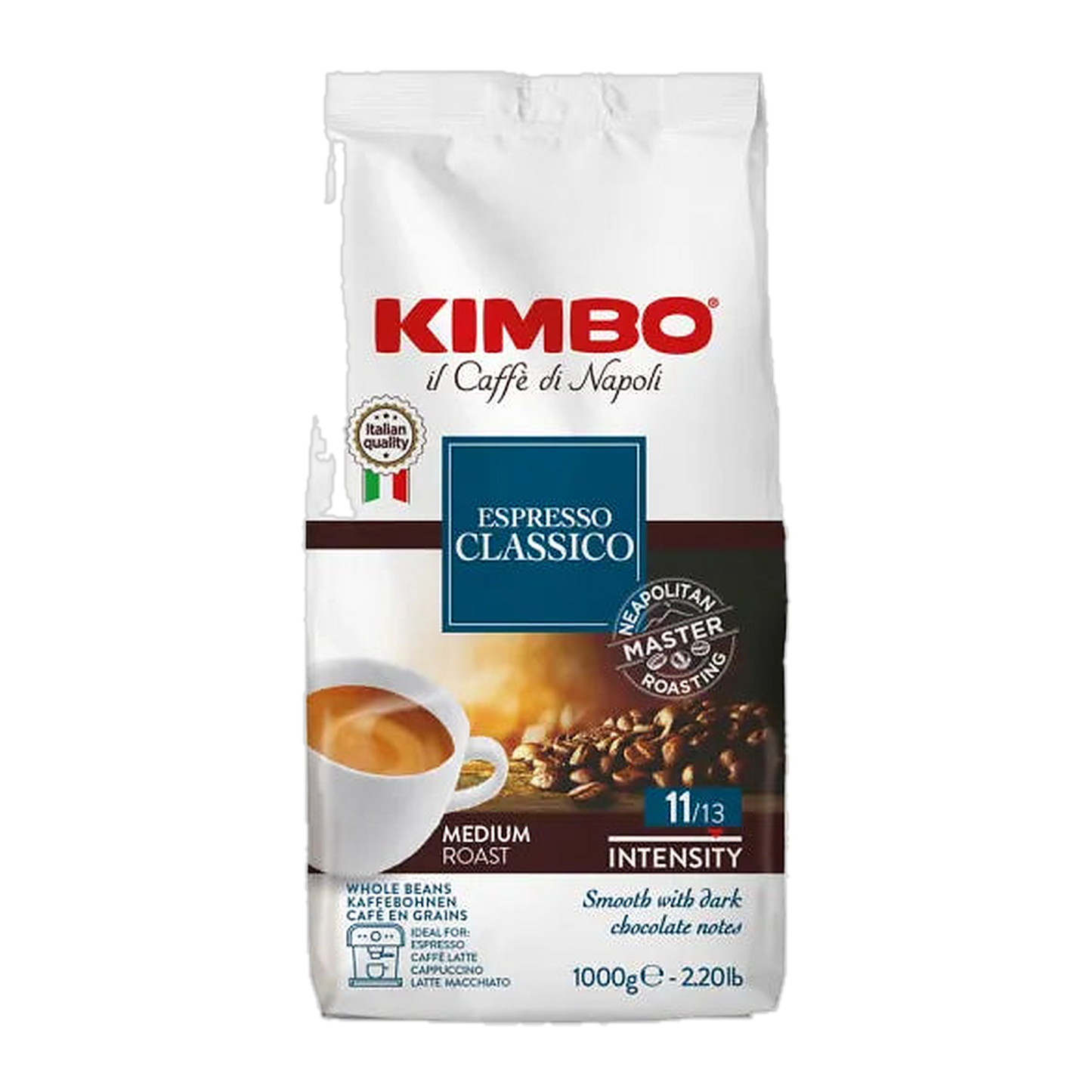 Kimbo Espresso Classico cafea boabe 1 kg – ambalaj original complet, fundal transparent