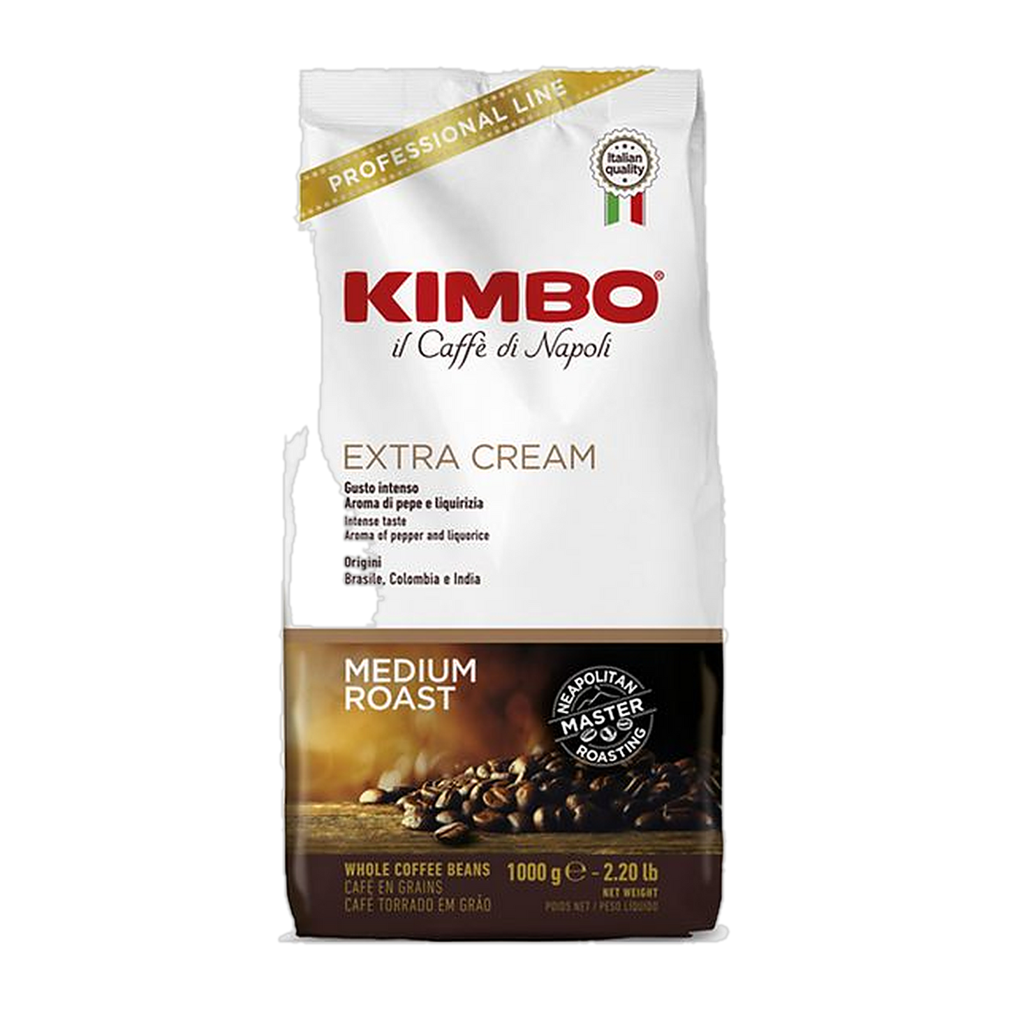 Kimbo Espresso Bar Extra Cream cafea boabe 1 kg – ambalaj original complet, fundal transparent