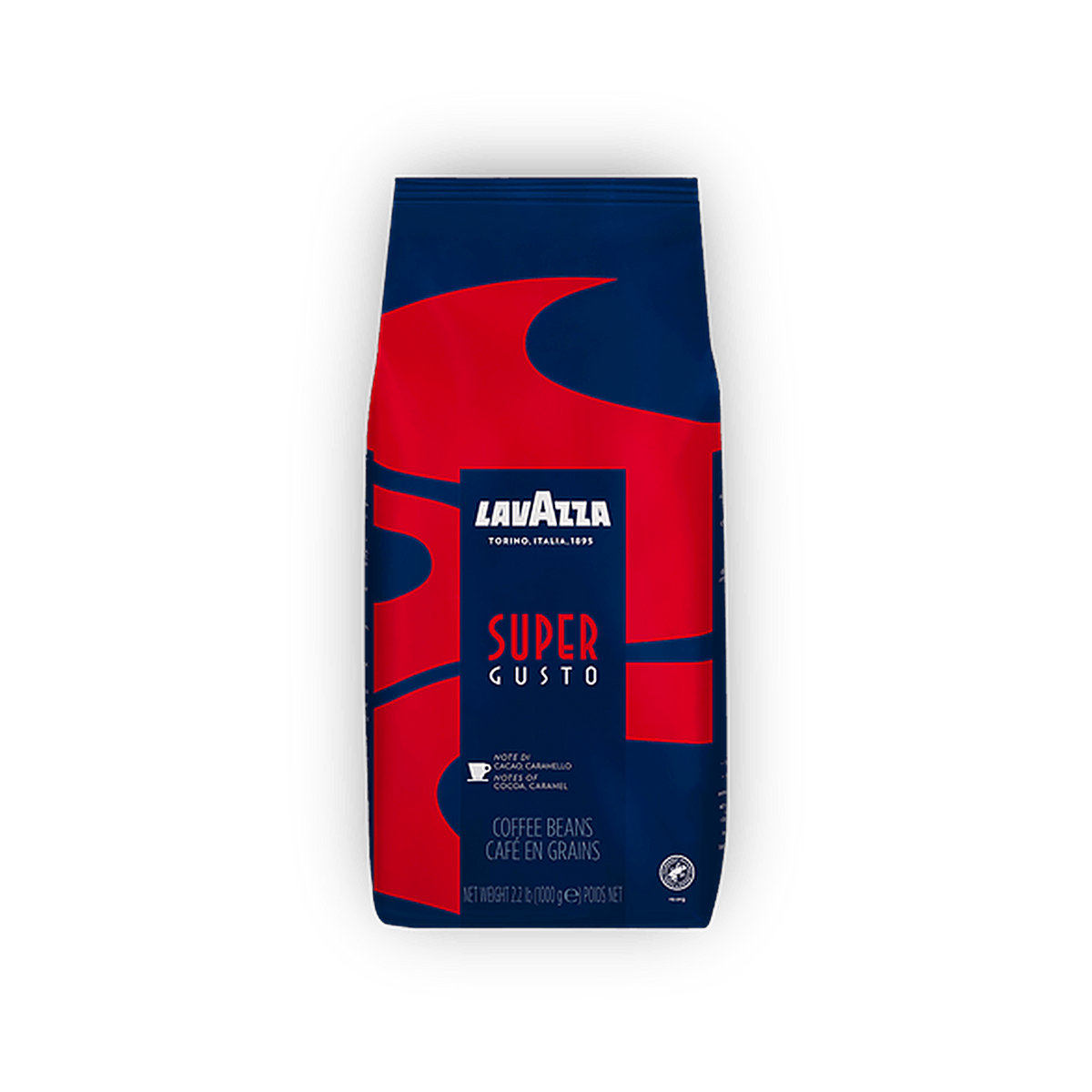 Lavazza Super Gusto UTZ cafea boabe 1 kg – ambalaj original complet, fundal transparent