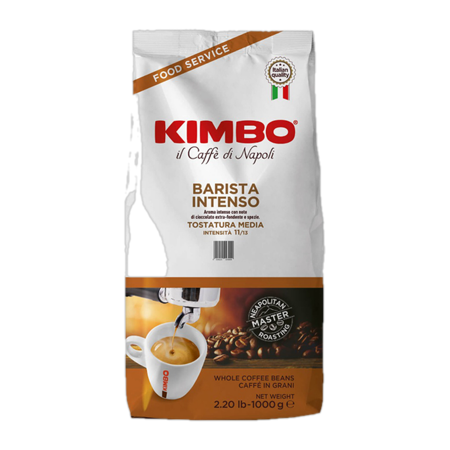 Kimbo Barista Intenso cafea boabe 1 kg – ambalaj original complet, fundal transparent