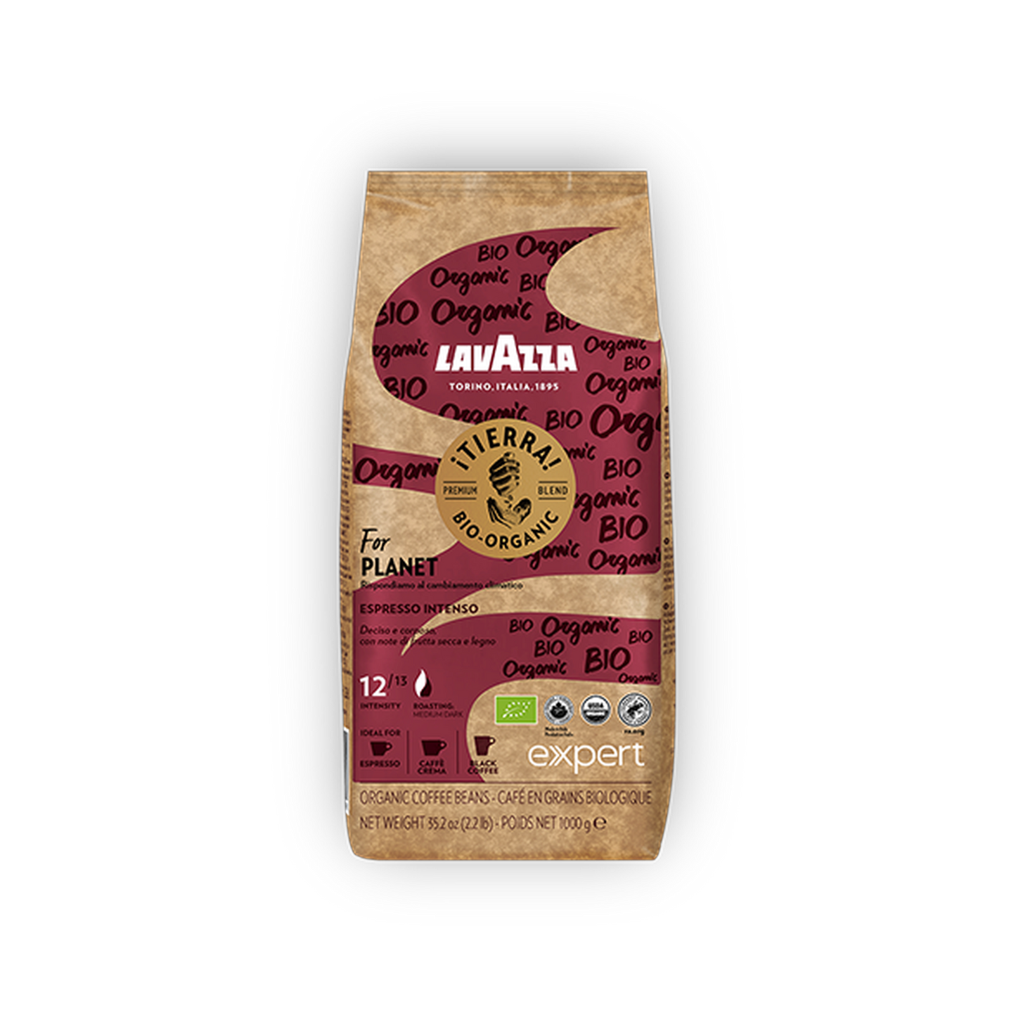 Lavazza Expert Tierra Bio Organic cafea boabe 1 kg – ambalaj original complet, fundal transparent
