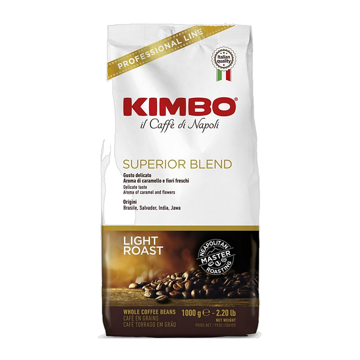 Kimbo Espresso Bar Superior Blend cafea boabe 1 kg – ambalaj original complet, fundal transparent
