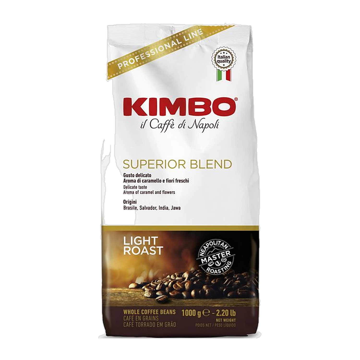 Kimbo Espresso Bar Superior Blend cafea boabe 1 kg – ambalaj original complet, fundal transparent