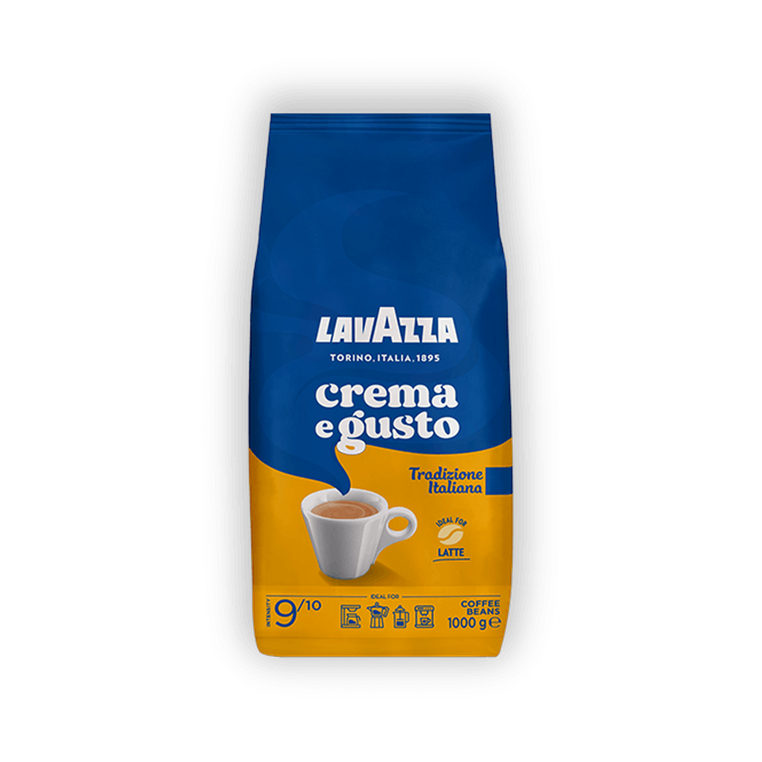 Lavazza Crema e Gusto Tradizione Italiana cafea boabe 1 kg – ambalaj original complet, fundal transparent
