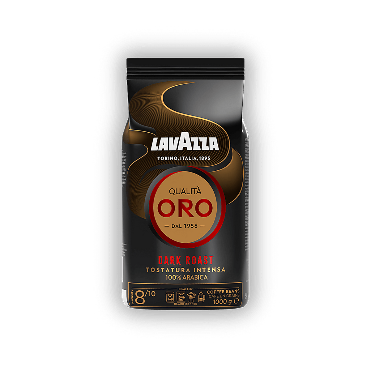 Lavazza Oro Dark Roast cafea boabe 1 kg – ambalaj original complet, fundal transparent