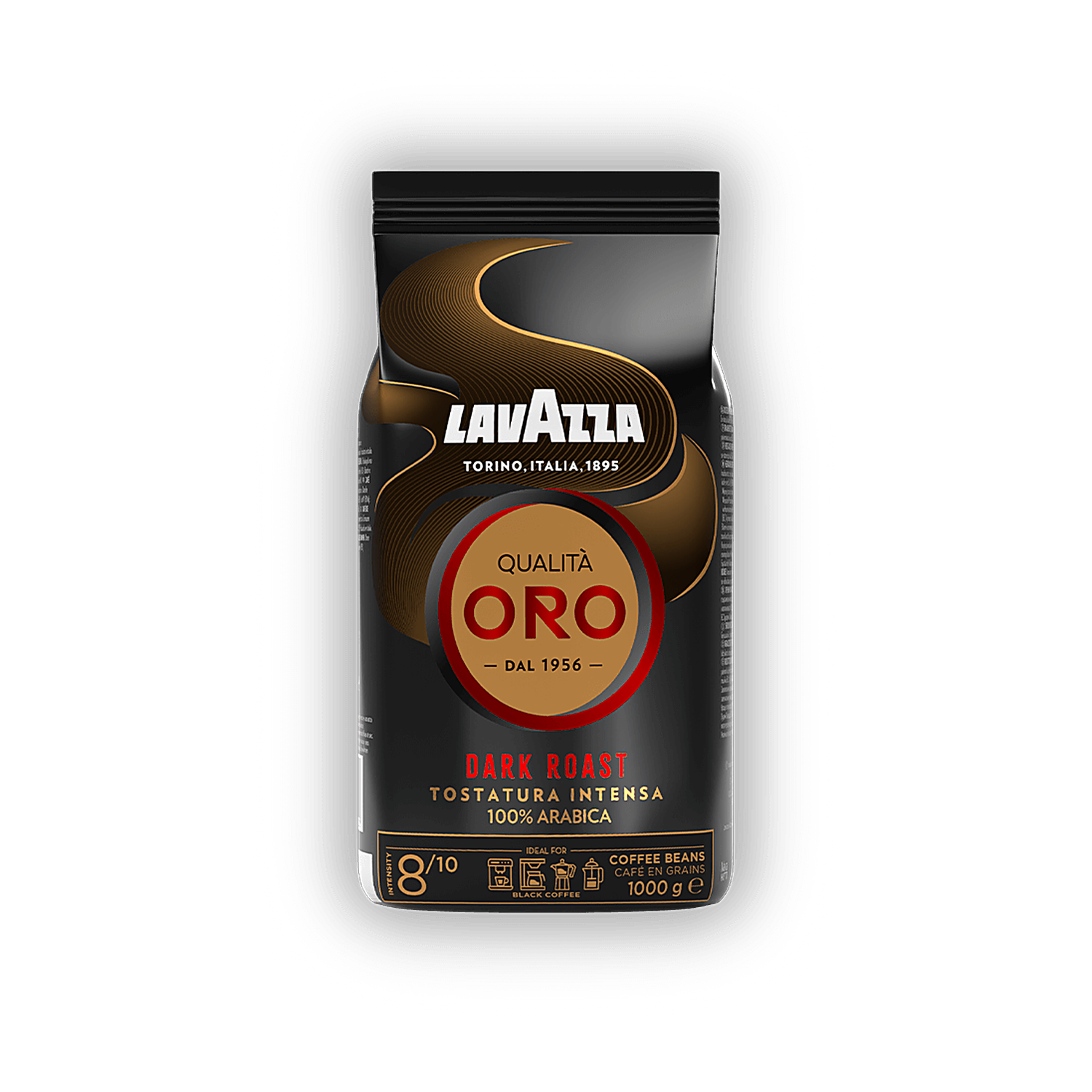 Lavazza Oro Dark Roast cafea boabe 1 kg – ambalaj original complet, fundal transparent