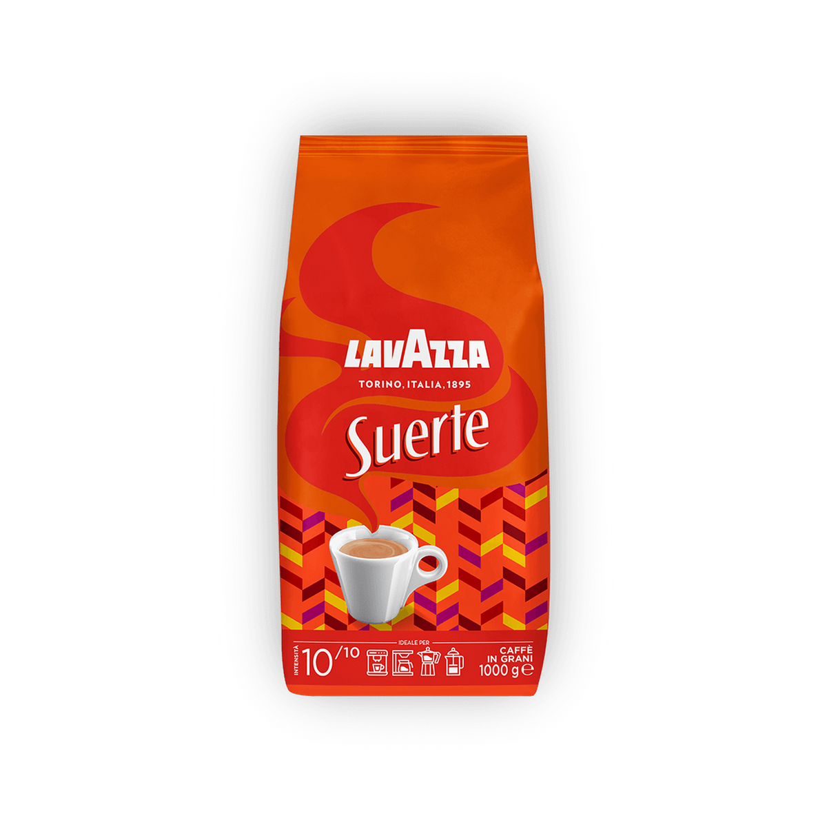 Lavazza Suerte cafea boabe 1 kg – ambalaj original complet, fundal transparent