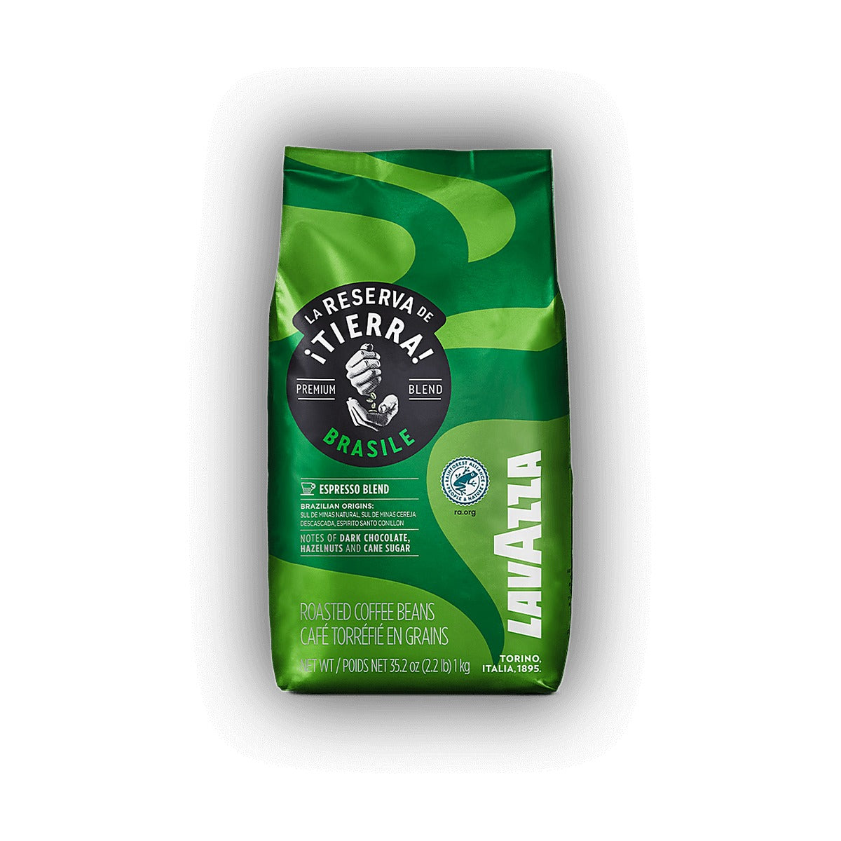 Lavazza Tierra Brazil cafea boabe 1 kg – ambalaj original, fundal alb