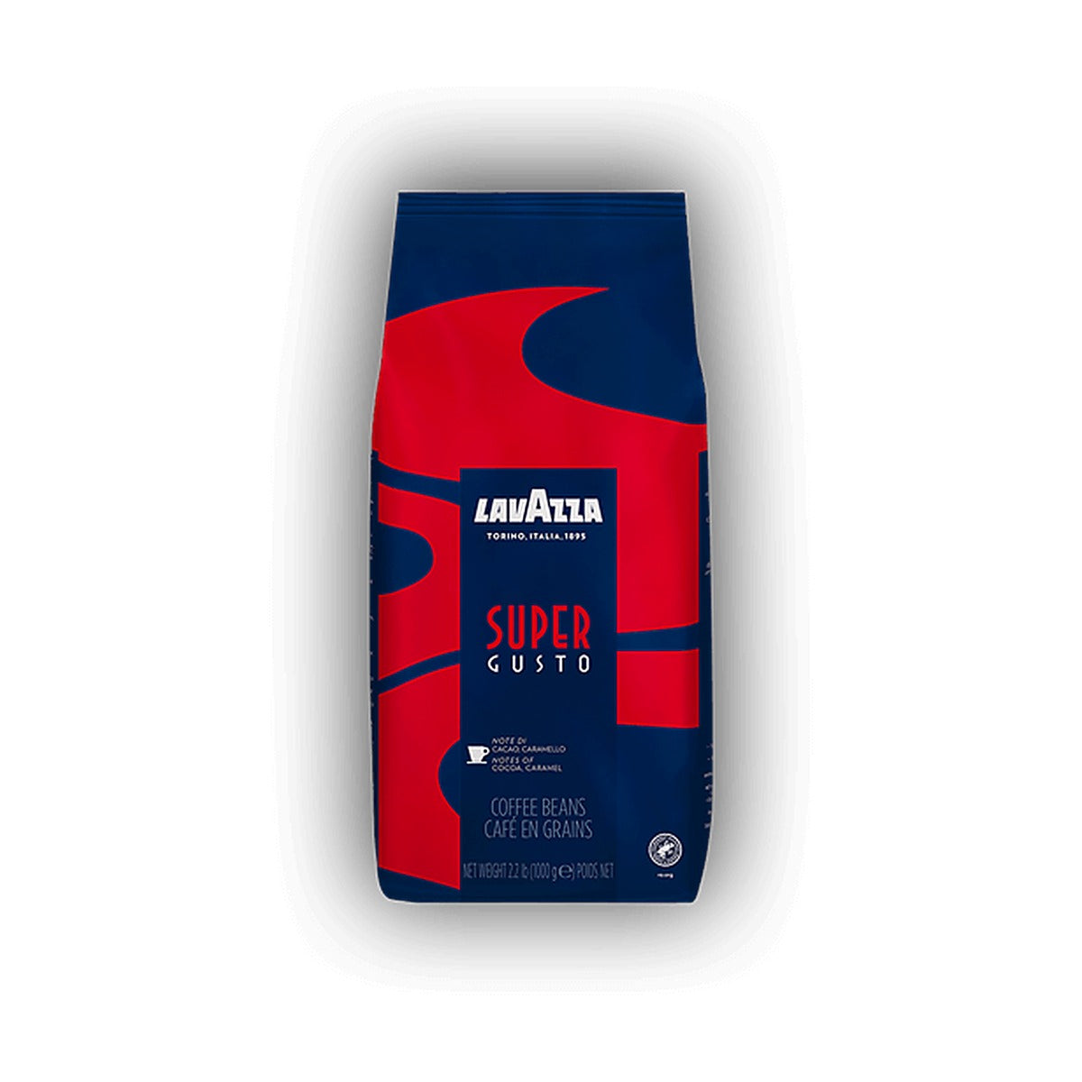 Lavazza Super Gusto UTZ cafea boabe 1 kg – ambalaj original, fundal alb