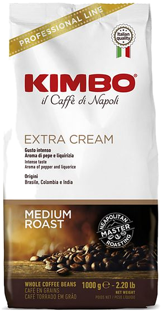 Kimbo Espresso Bar Extra Cream cafea boabe 1 kg – ambalaj original, fundal transparent