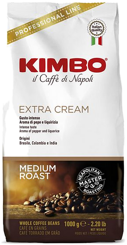Kimbo Espresso Bar Extra Cream cafea boabe 1 kg – ambalaj original, fundal transparent