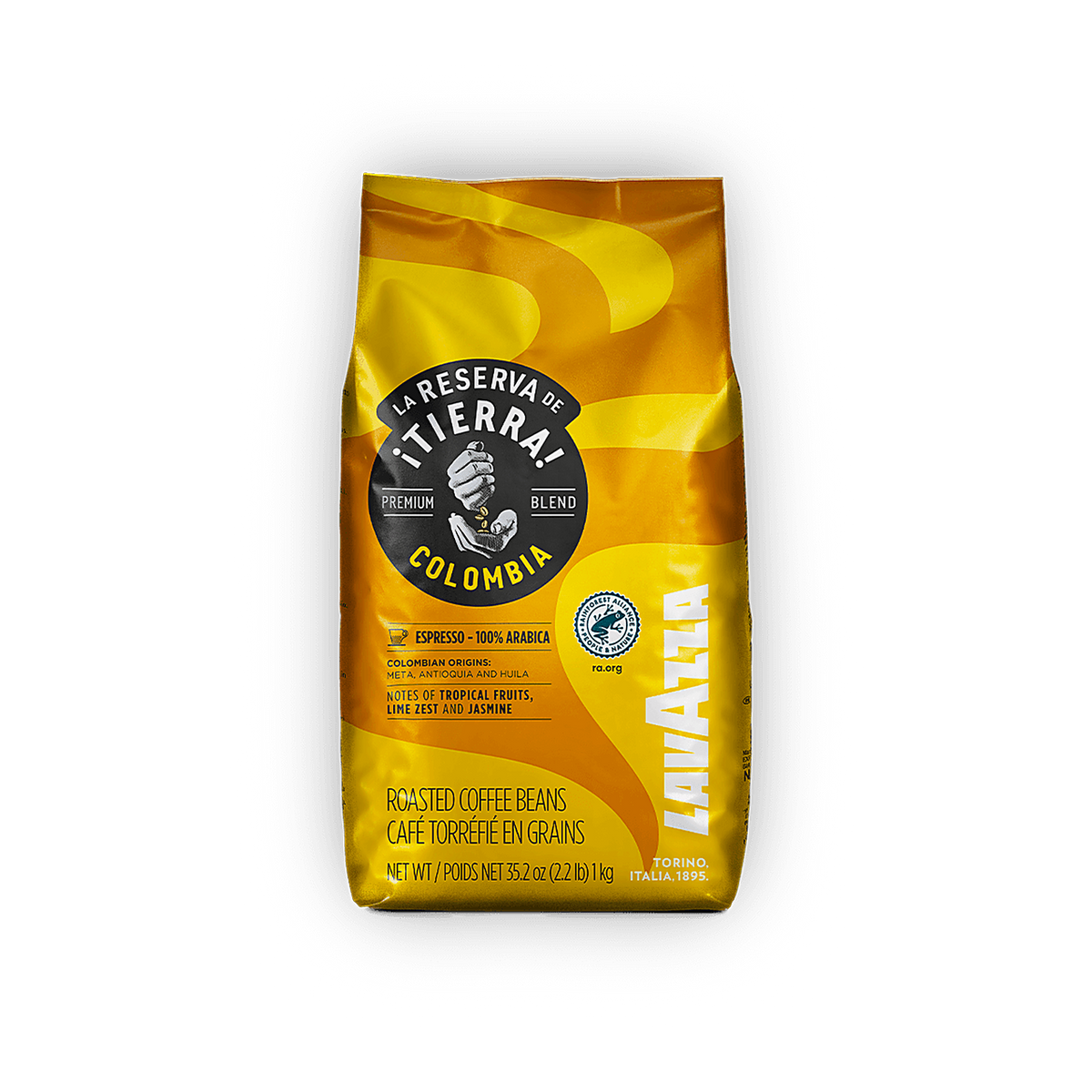 Lavazza Tierra Colombia cafea boabe 1 kg – ambalaj original complet, fundal transparent