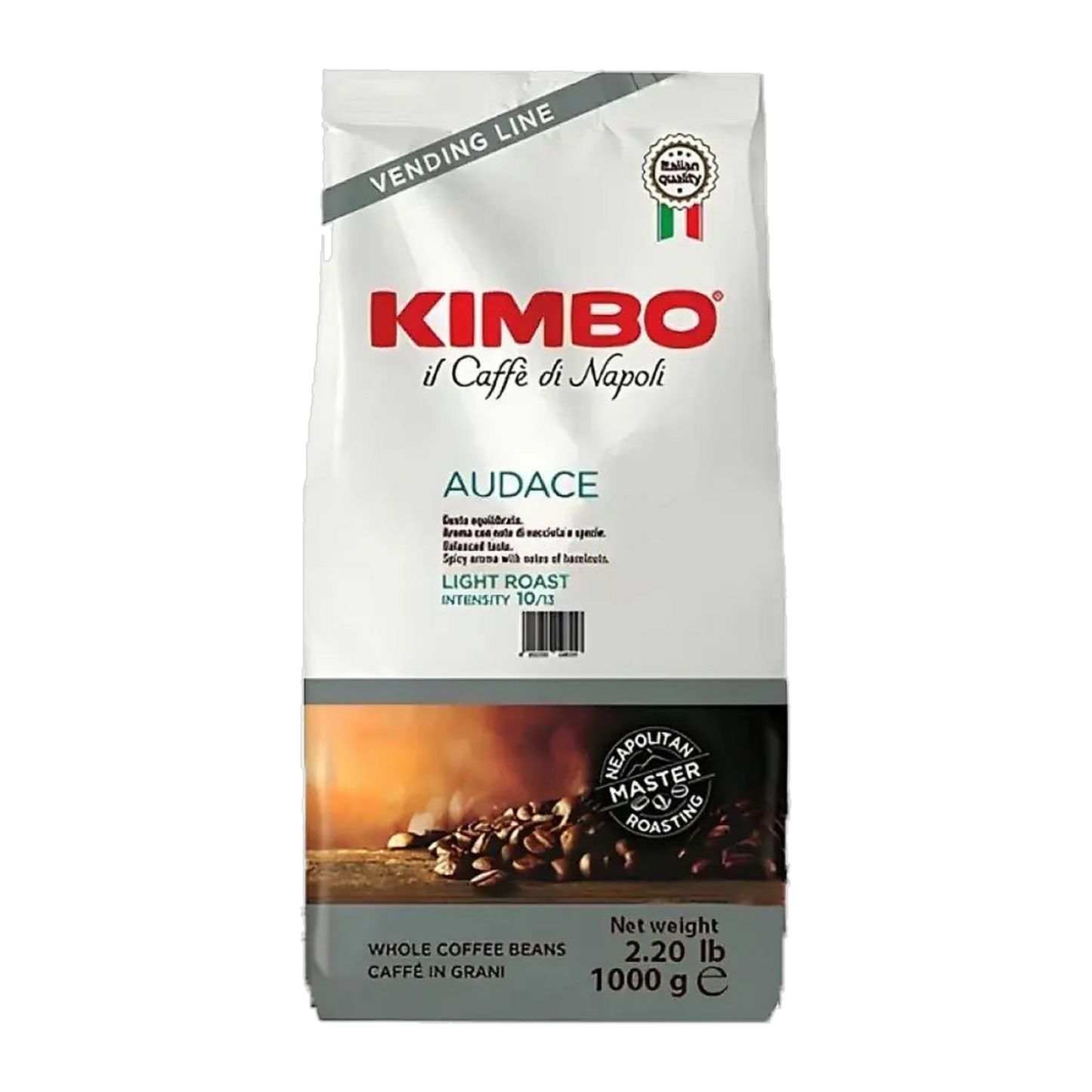 Kimbo Vending Audace cafea boabe 1 kg – ambalaj original complet, fundal transparent