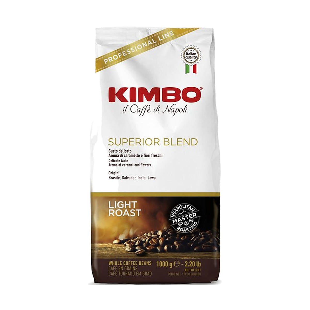 Kimbo Espresso Bar Superior Blend cafea boabe 1 kg – ambalaj original, fundal alb