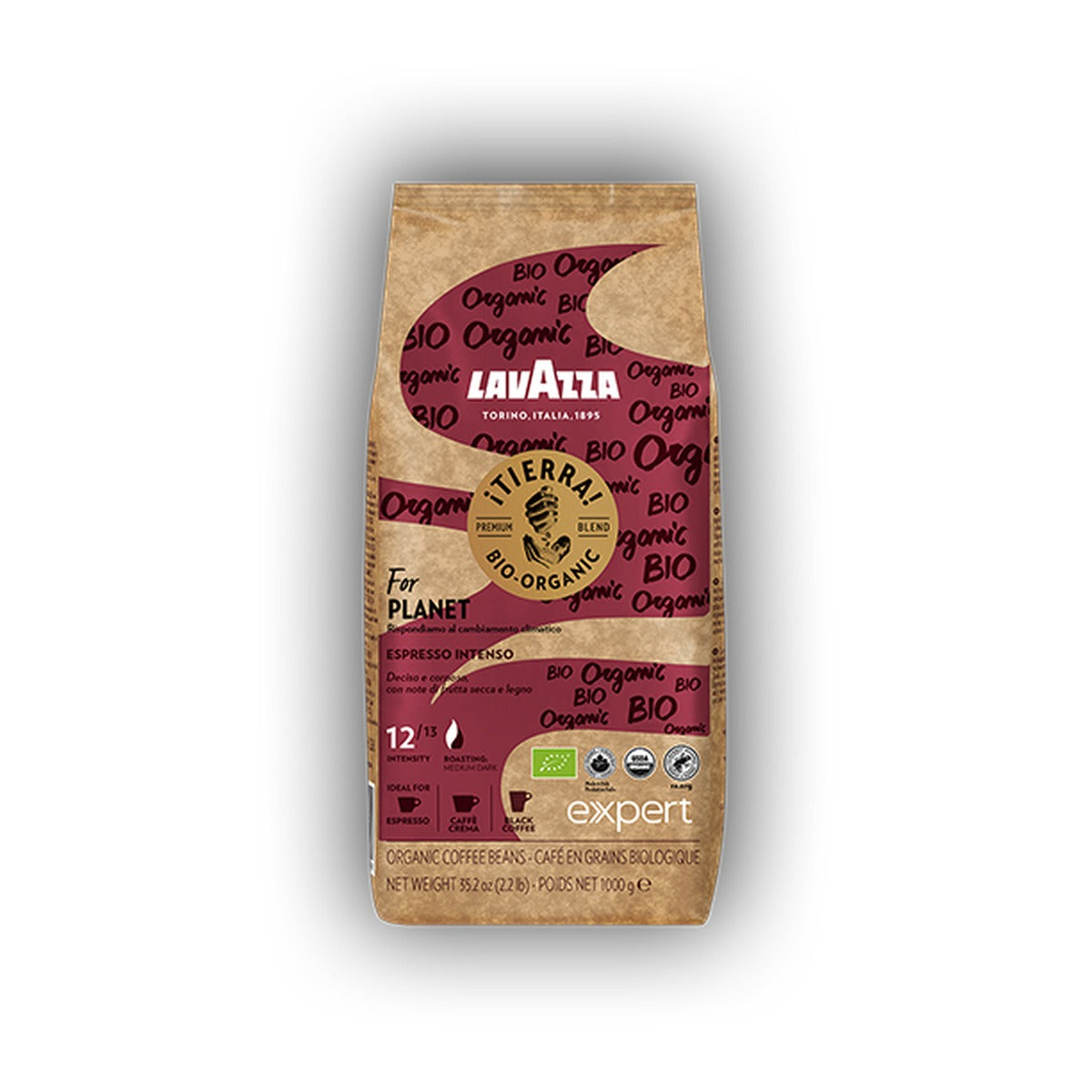 Lavazza Expert Tierra Bio Organic cafea boabe 1 kg – ambalaj original, fundal alb