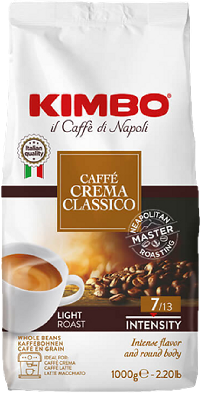 Kimbo Caffè Crema Classico cafea boabe 1 kg – ambalaj original, fundal transparent