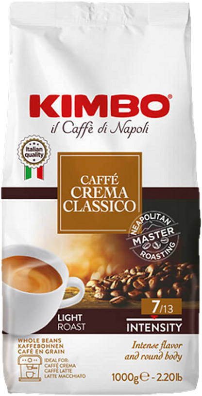 Kimbo Caffè Crema Classico cafea boabe 1 kg – ambalaj original, fundal transparent