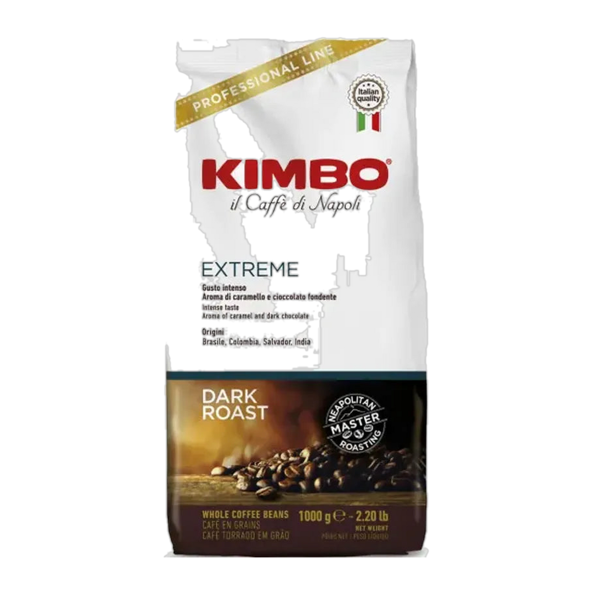 Kimbo Extreme cafea boabe 1 kg – ambalaj original complet, fundal transparent