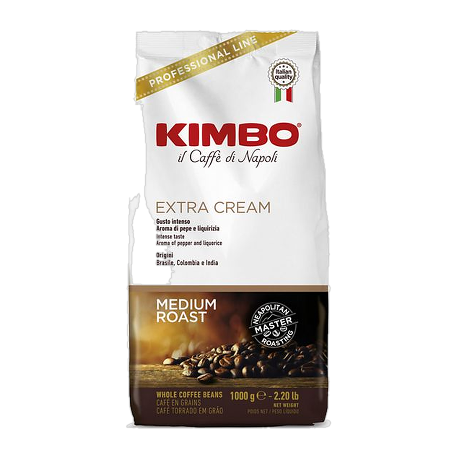 Kimbo Espresso Bar Extra Cream cafea boabe 1 kg – ambalaj original complet, fundal transparent