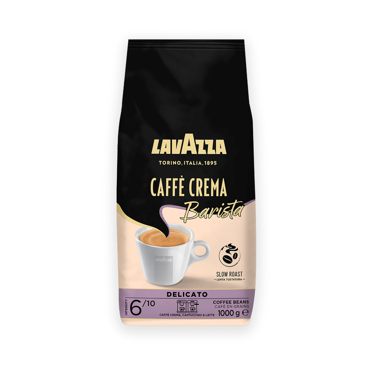 Lavazza Caffè Crema Delicato cafea boabe 1 kg – ambalaj original complet, fundal transparent
