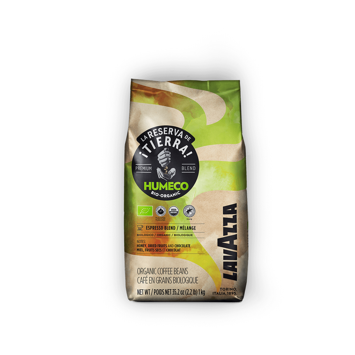 Lavazza Tierra Humeco Bio Organic cafea boabe 1 kg – ambalaj original complet, fundal transparent