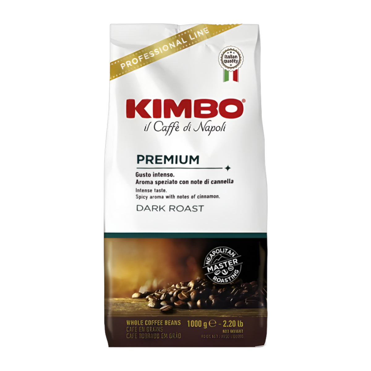 Kimbo Premium cafea boabe 1 kg – ambalaj original complet, fundal transparent