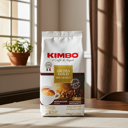 Kimbo Aroma Gold 100% Arabica cafea boabe 1 kg – ambalaj și boabe de cafea, imagine de ambianță
