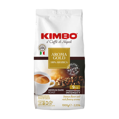 Kimbo Aroma Gold 100% Arabica cafea boabe 1 kg – ambalaj față, fundal alb