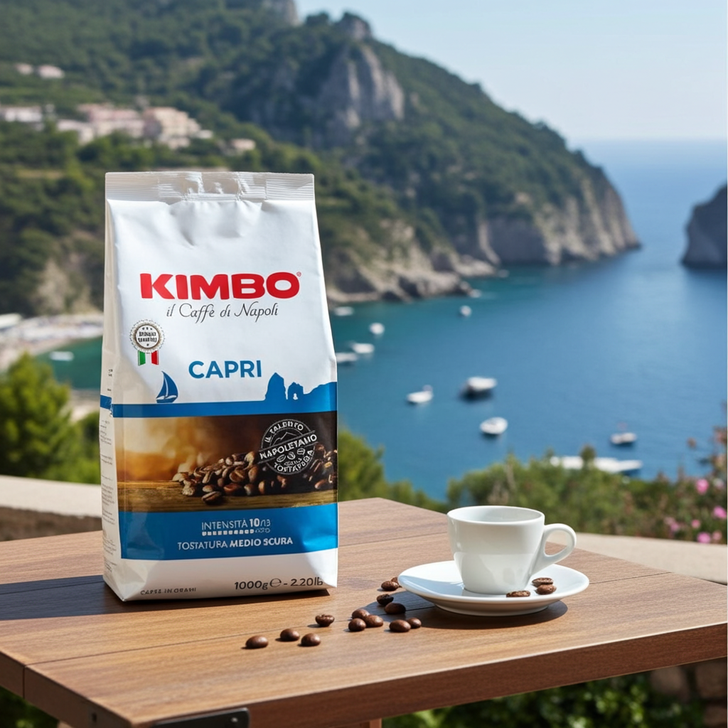 Kimbo Capri cafea boabe 1 kg – ambalaj și boabe de cafea, imagine de ambianță
