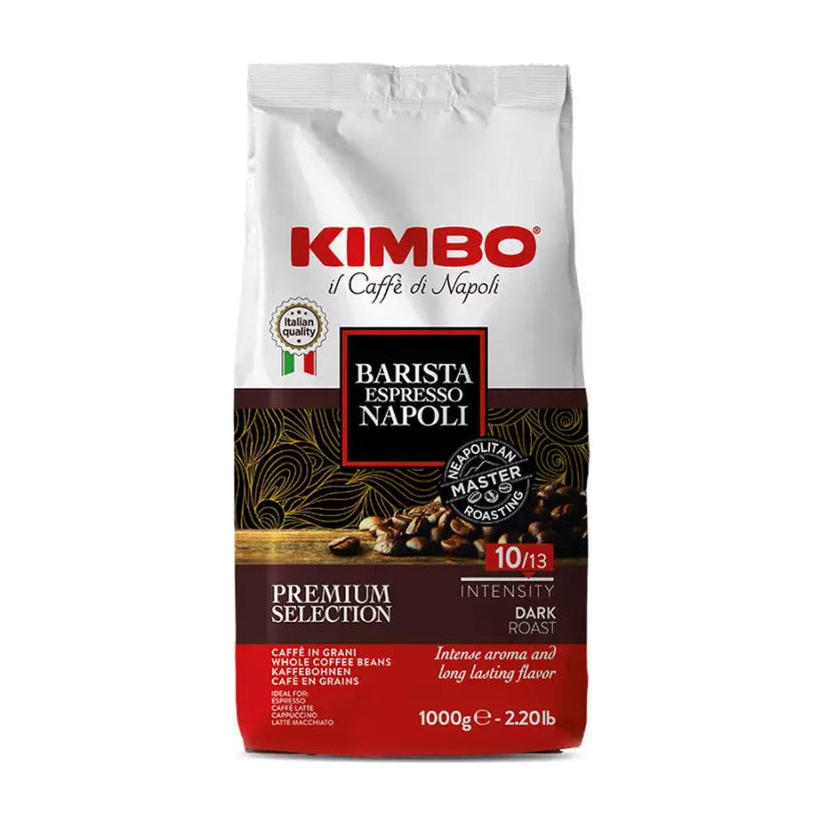 Kimbo Espresso Napoli cafea boabe 1 kg – ambalaj față, fundal alb