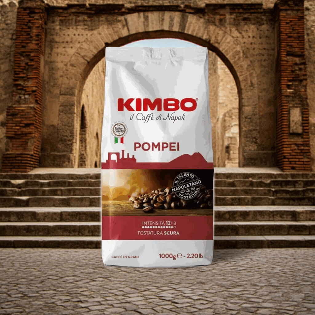 Kimbo Pompei cafea boabe 1 kg – ambalaj și boabe de cafea, imagine de ambianță