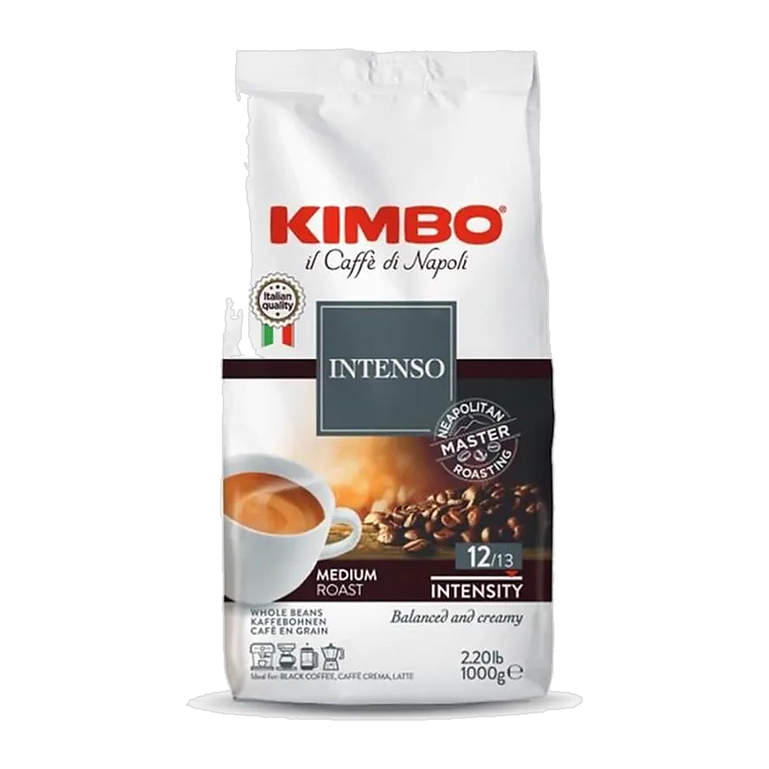 Kimbo Aroma Intenso cafea boabe 1 kg – ambalaj original complet, fundal transparent