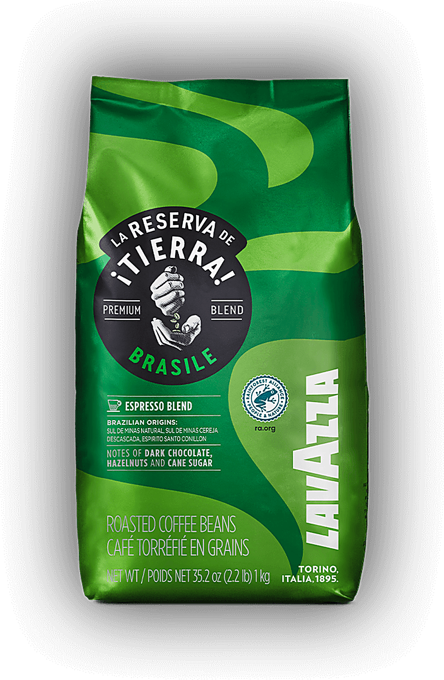 Lavazza Tierra Brazil cafea boabe 1 kg – ambalaj original, fundal transparent