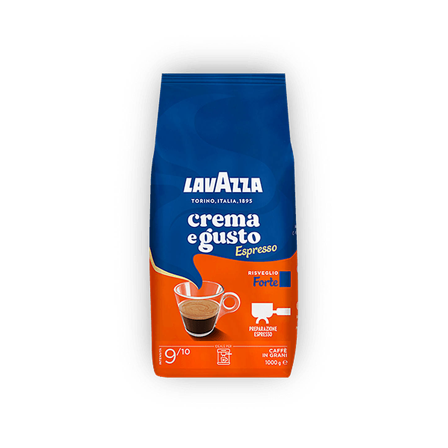 Lavazza Espresso Gusto Forte cafea boabe 1 kg – ambalaj original complet, fundal transparent