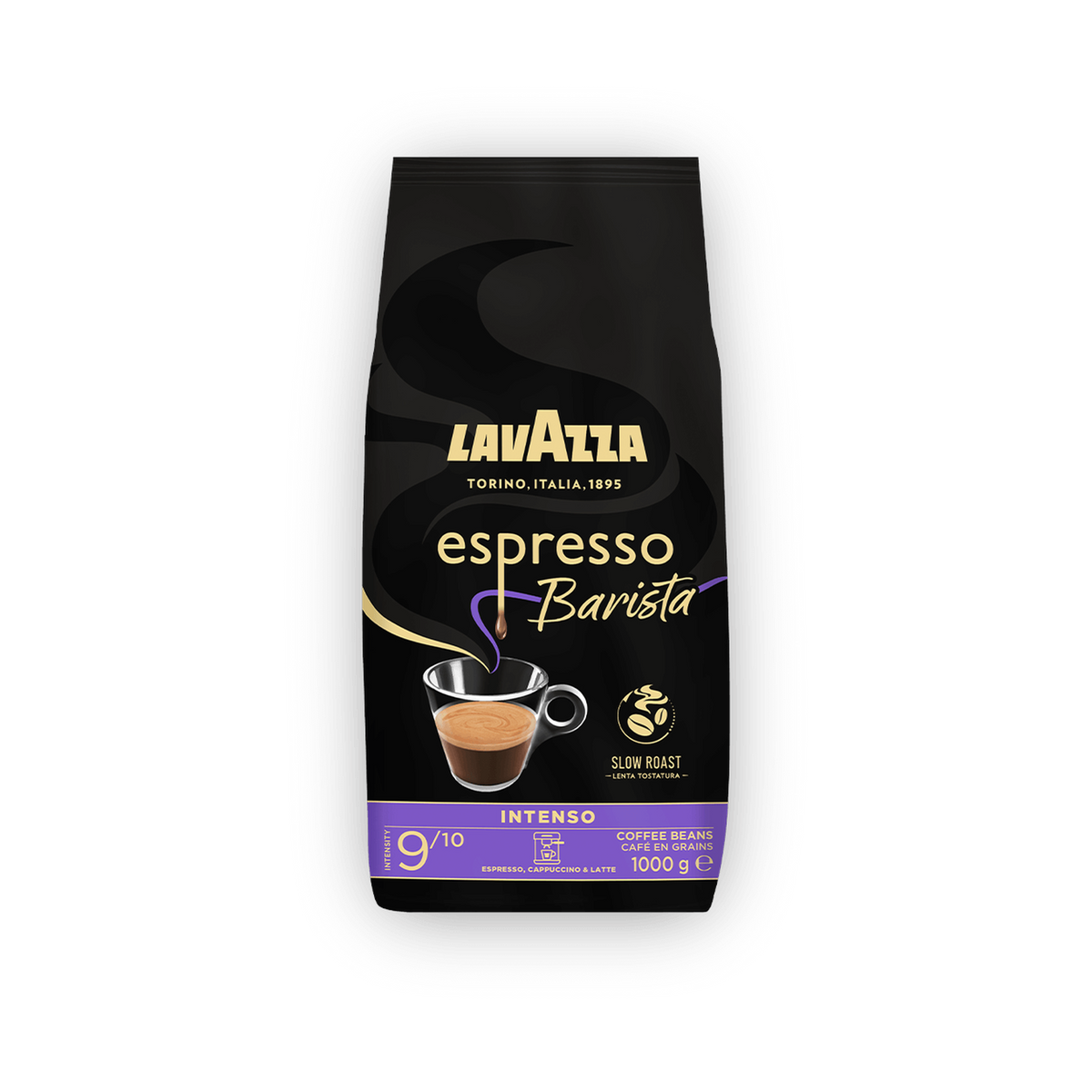 Lavazza Espresso Barista Intenso cafea boabe 1 kg – ambalaj original complet, fundal transparent