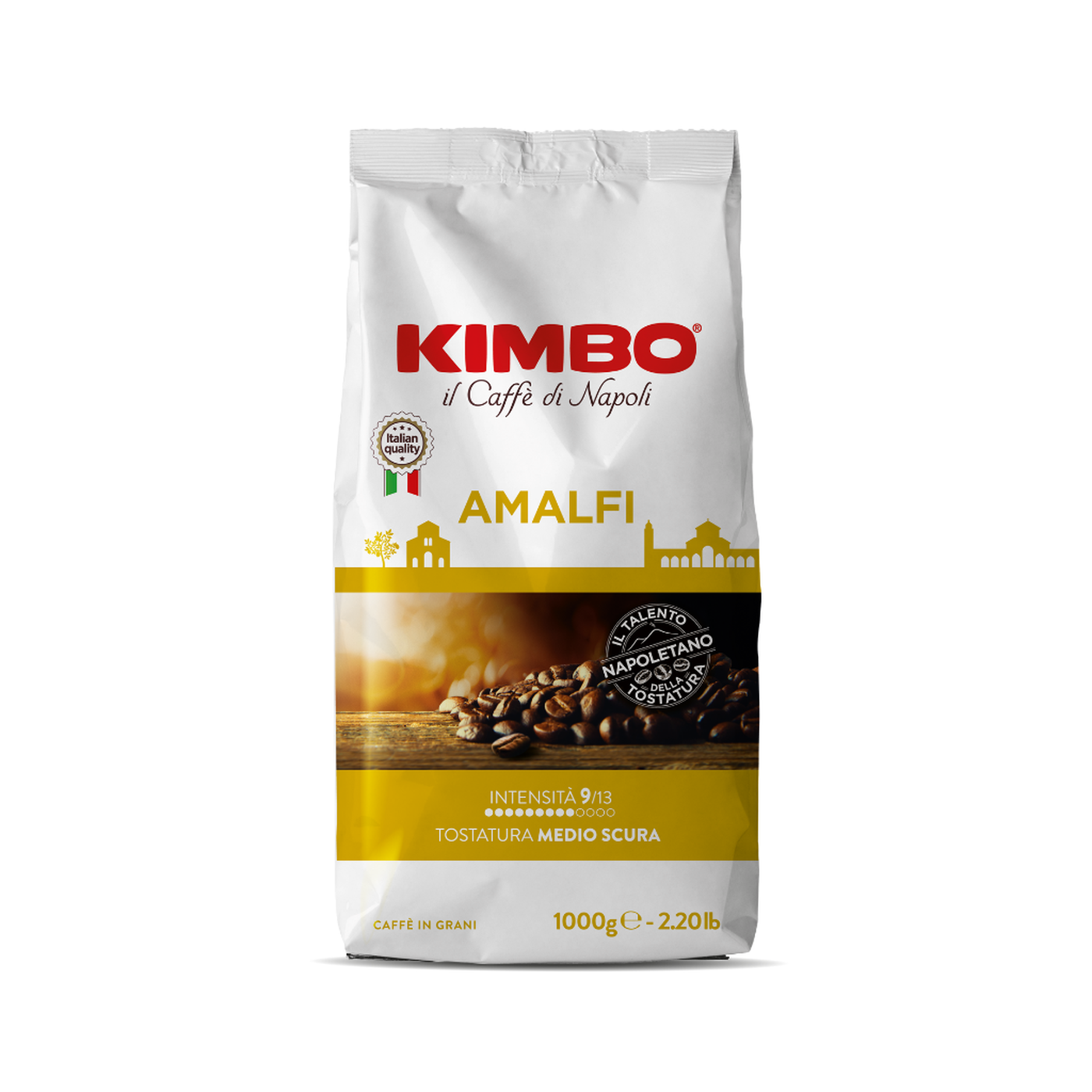 Kimbo Amalfi cafea boabe 1 kg – ambalaj original, fundal transparent