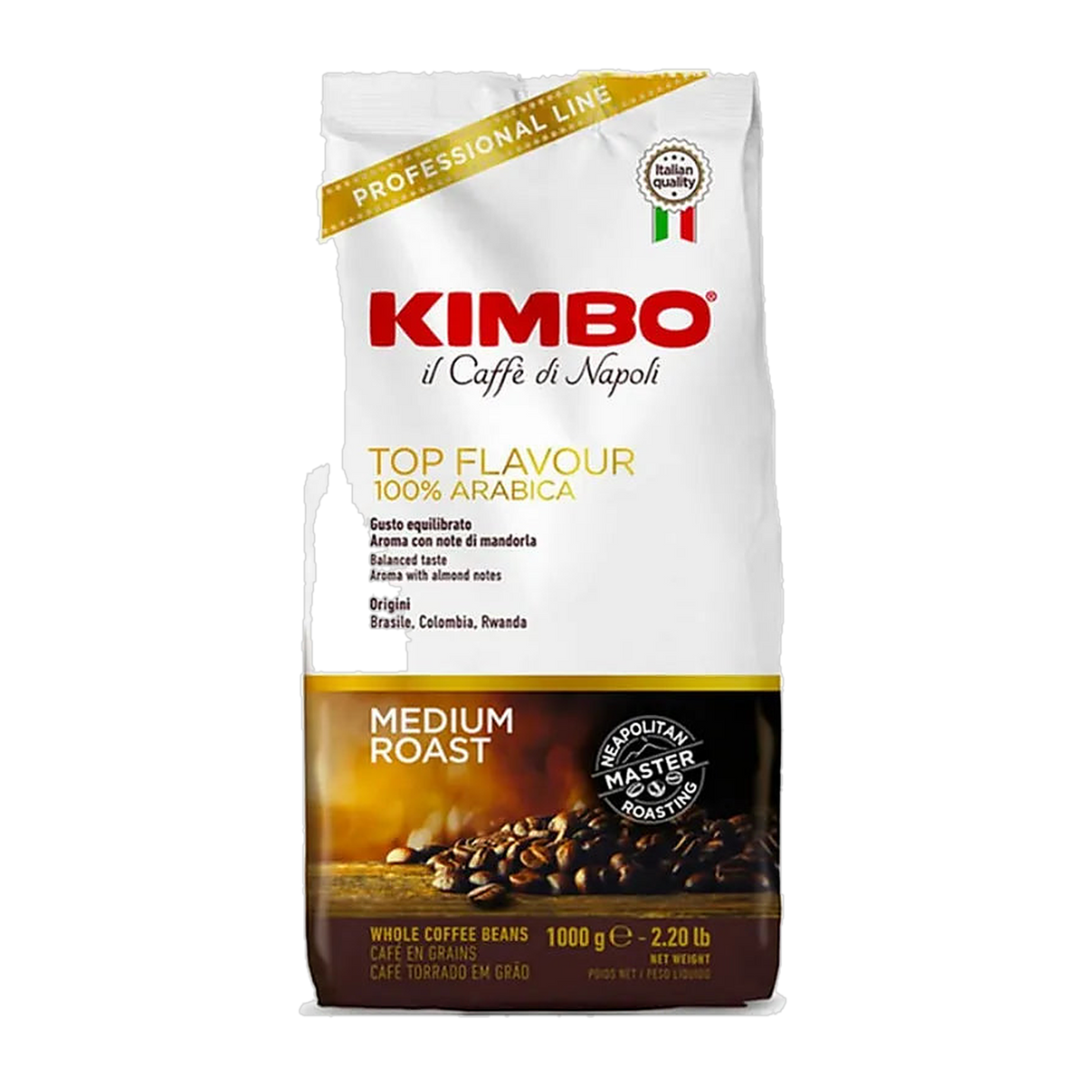 Kimbo Espresso Bar Top Flavour cafea boabe 1 kg – ambalaj original complet, fundal transparent