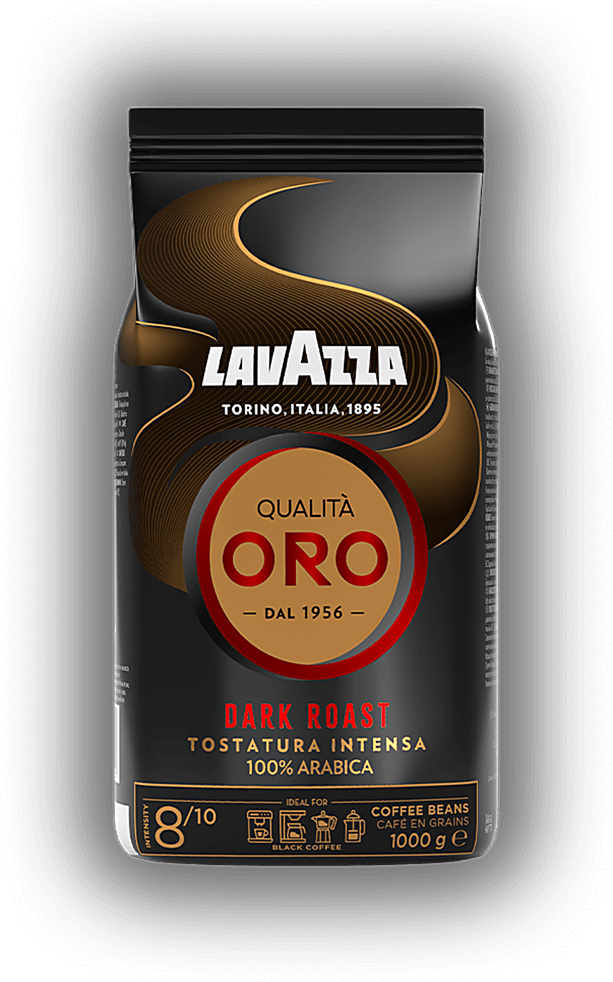 Lavazza Oro Dark Roast cafea boabe 1 kg – ambalaj original, fundal transparent
