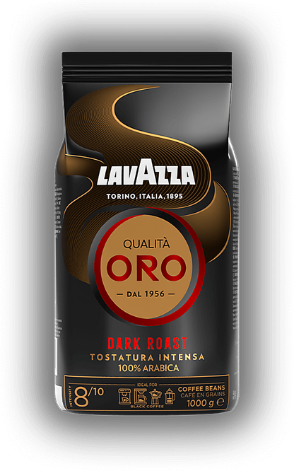 Lavazza Oro Dark Roast cafea boabe 1 kg – ambalaj original, fundal transparent
