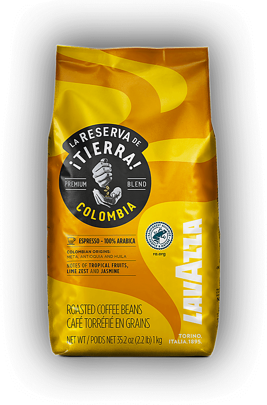 Lavazza Tierra Colombia cafea boabe 1 kg – ambalaj original, fundal transparent