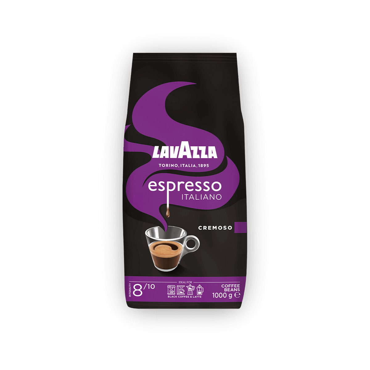 Lavazza Espresso Italiano Cremoso cafea boabe 1 kg – ambalaj original complet, fundal transparent