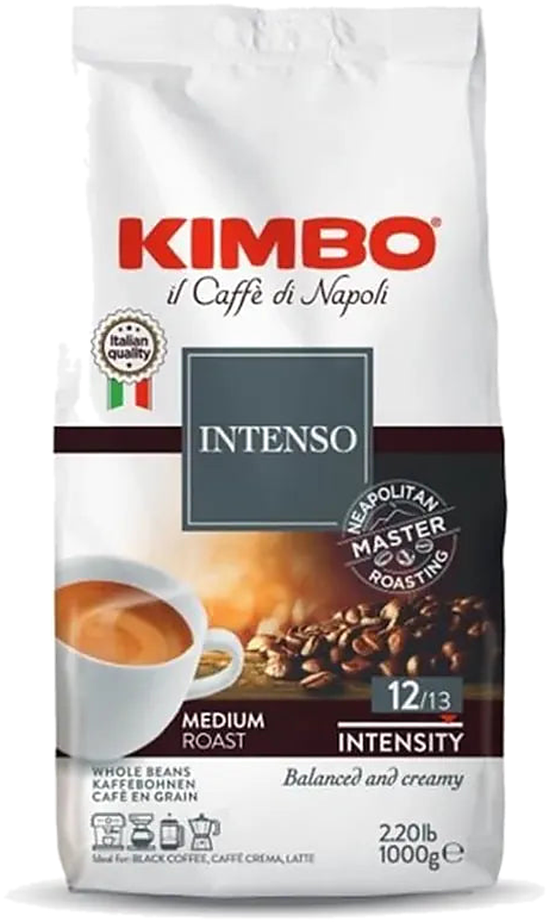 Kimbo Aroma Intenso cafea boabe 1 kg – ambalaj original, fundal transparent