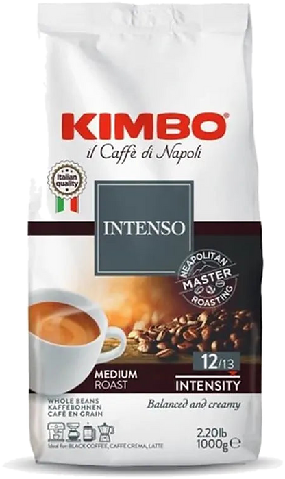Kimbo Aroma Intenso cafea boabe 1 kg – ambalaj original, fundal transparent