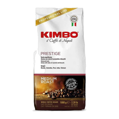 Kimbo Prestige cafea boabe 1 kg – ambalaj original complet, fundal transparent