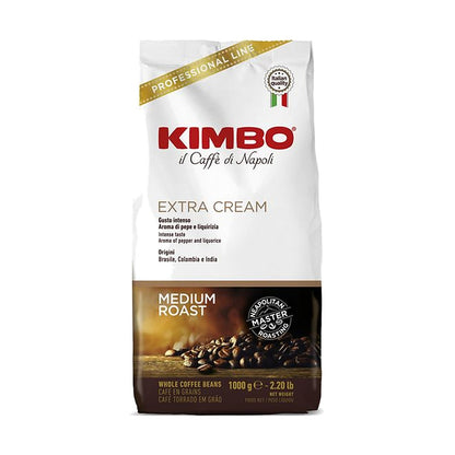Kimbo Espresso Bar Extra Cream cafea boabe 1 kg – ambalaj original, fundal alb