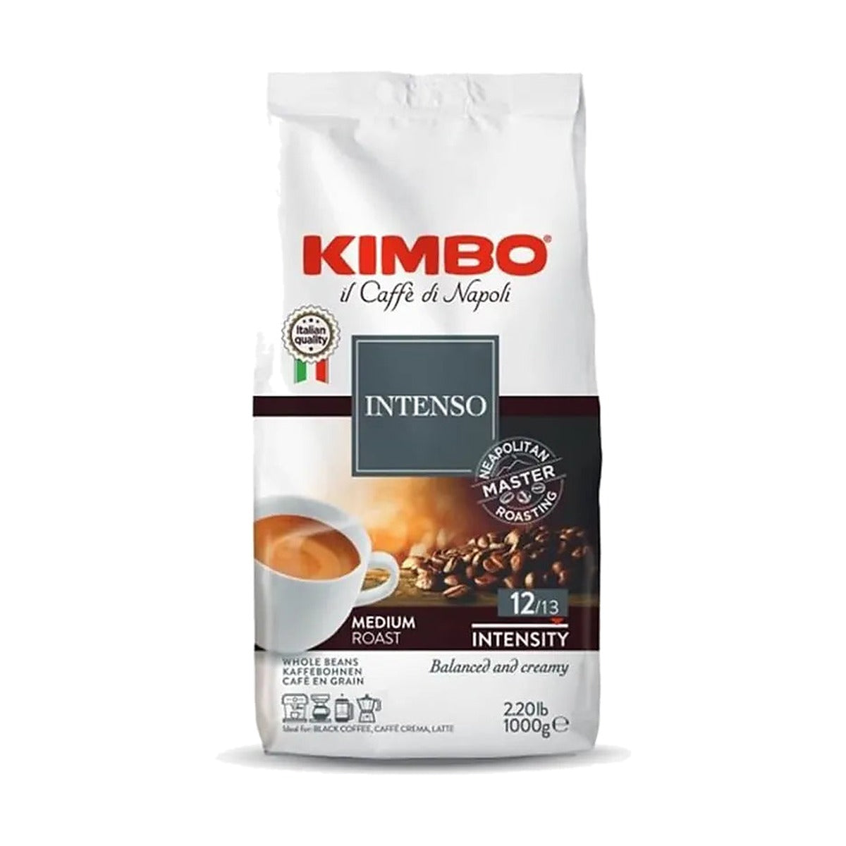 Kimbo Aroma Intenso cafea boabe 1 kg – ambalaj original, fundal alb